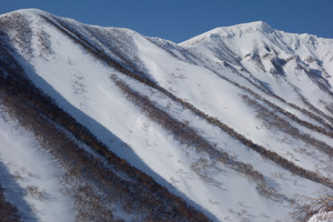 何度見ても飽きない斜面に到着。ケイスケは写真左上のピークから、僕はその右の沢を滑りました。雪はよく、見た目以上のロングライド！
